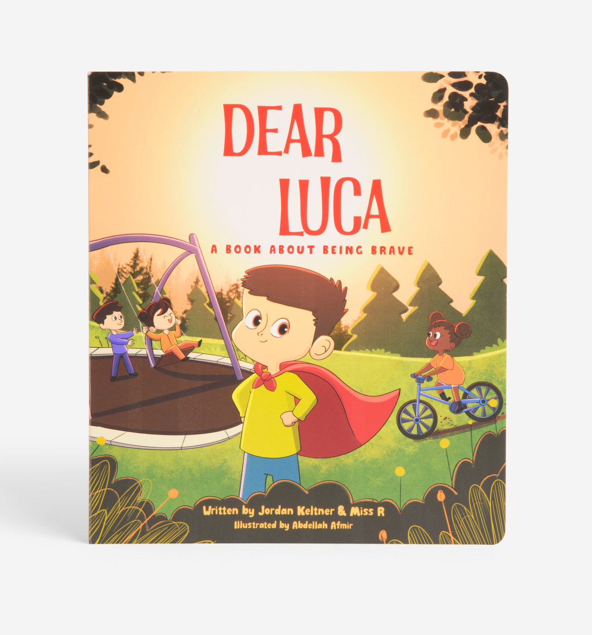 Dear Luca: A Book About Being Brave board book cover, Luca in a red superhero cape at the playground