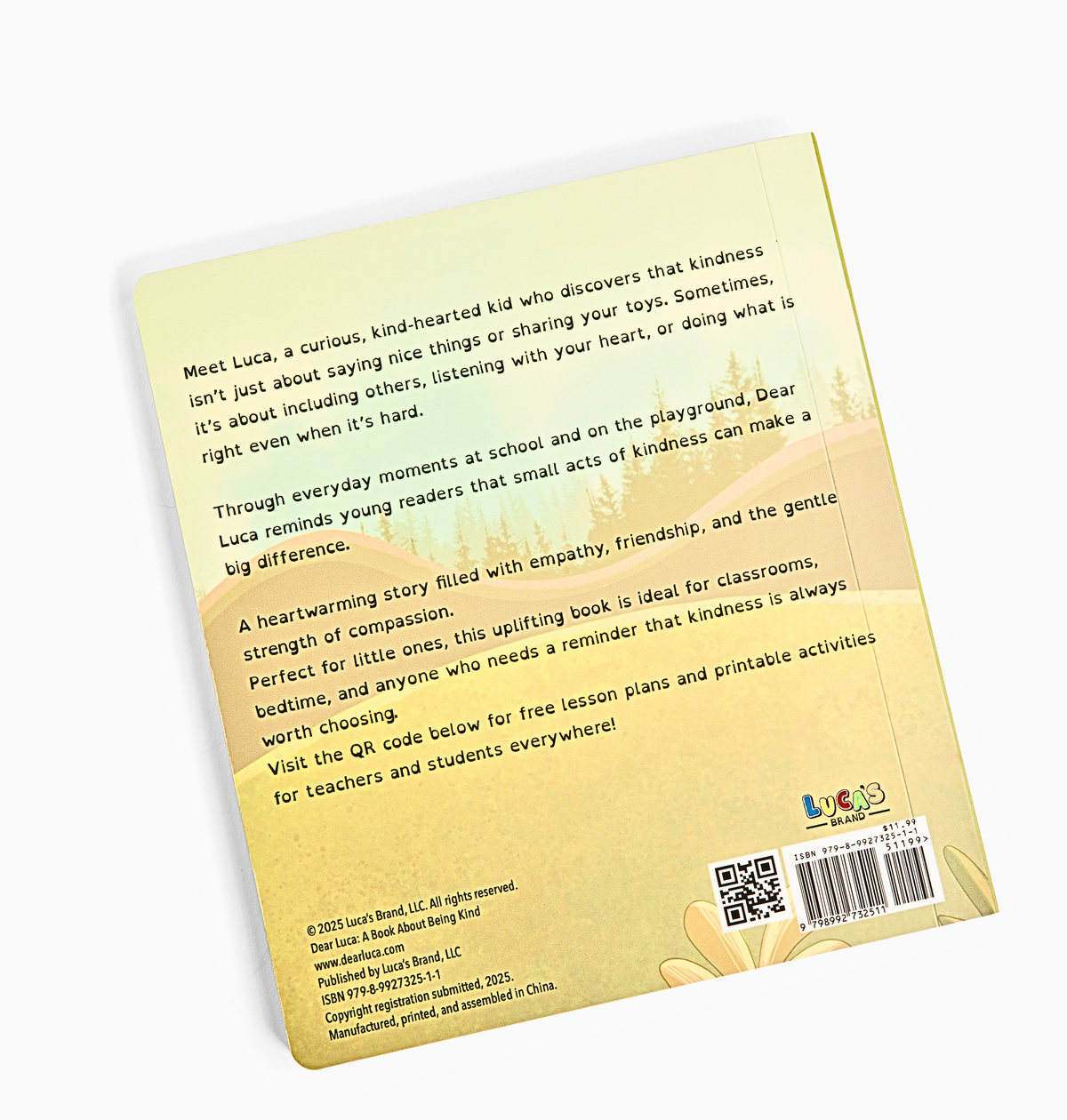 Back cover of Dear Luca: A Book About Being Brave with story summary and QR code for free lesson plans