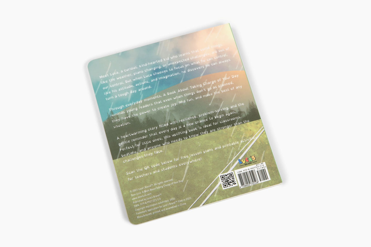 Back cover of Dear Luca: A Book About Taking Charge of Your Day with story summary and QR code for free lesson plans
