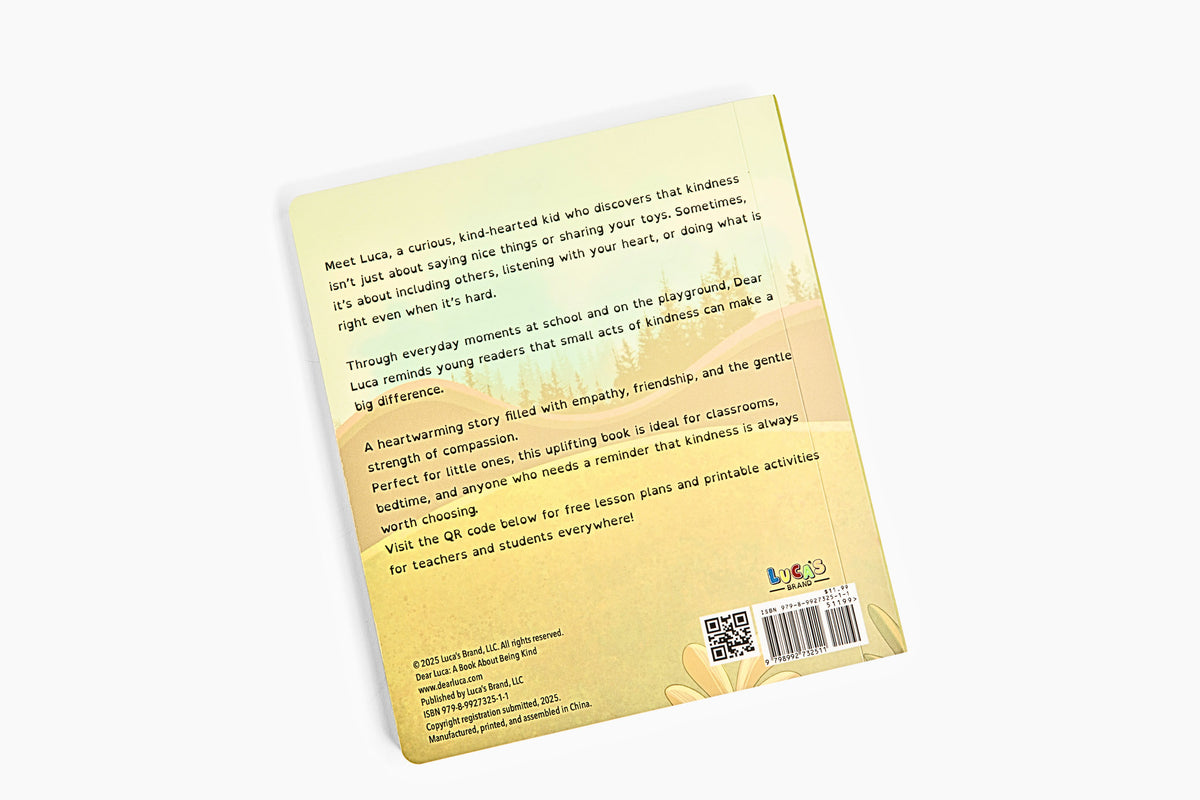 Back cover of Dear Luca: A Book About Being Kind with story summary and QR code for free lesson plans